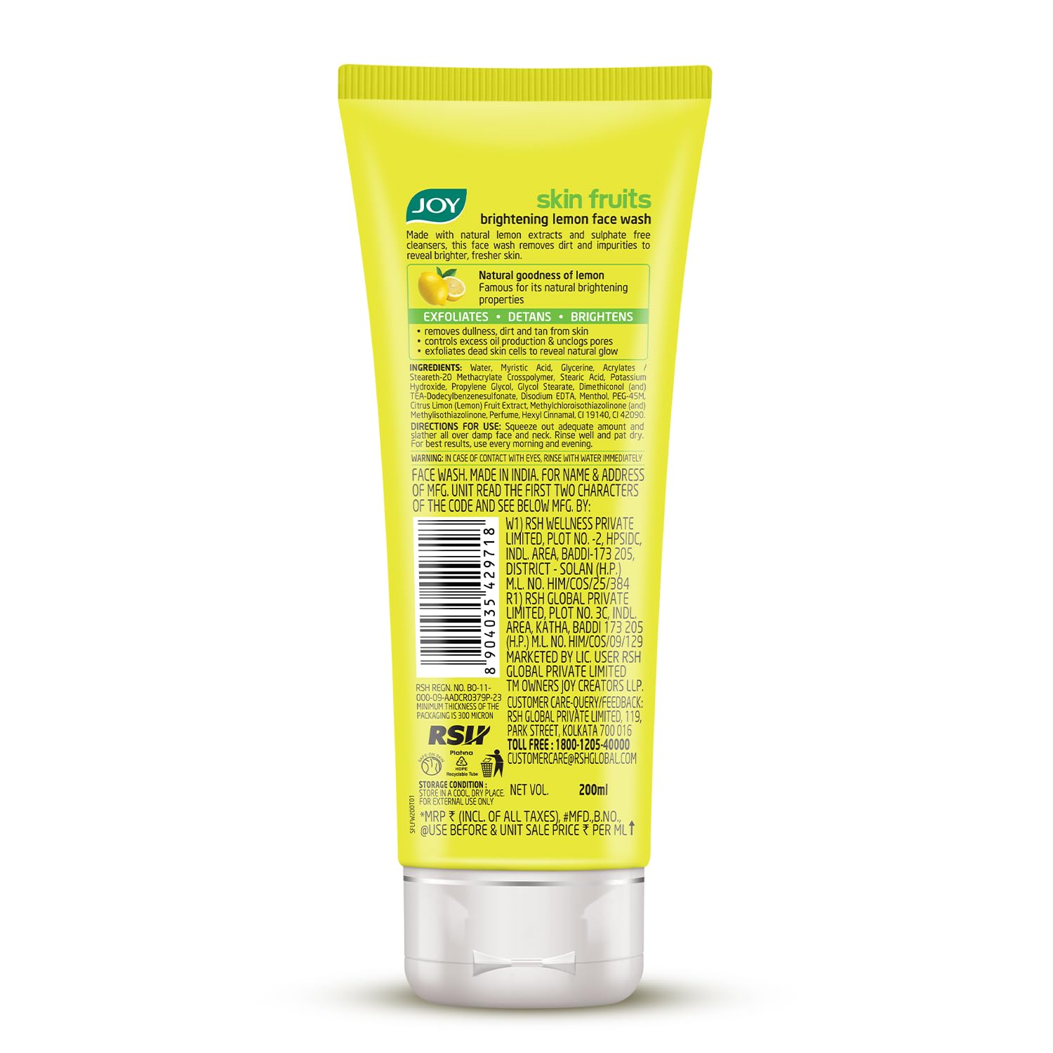 Joy Skin Fruits Lemon Brightening Face Wash 200ml | with Vitamin C for Glowing Skin | Reduces Dark Spots, Removes Excess Oil & Dirt | For Normal to Oily Skin