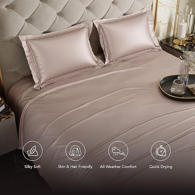 Stoa Paris Satin Bedsheets For Double Bed 300Tc Premium Bedsheet With 2 Pillow Covers Colour Champagne