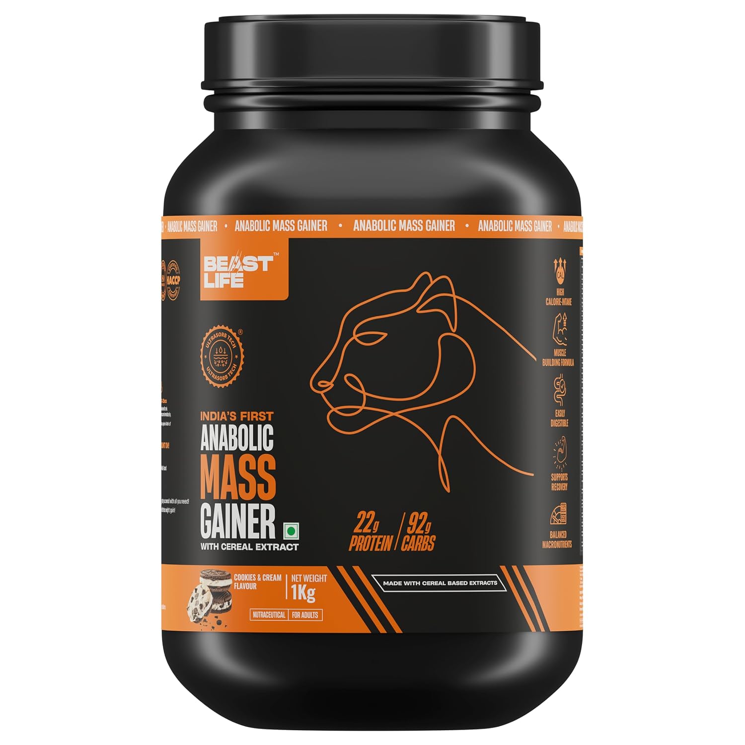 BeastLife High Protein Mass/Weight Gainer | 1 KG | Cookies & Cream | NABL LAB Tested | For Muscle Gain & Fast Growth | Cereal-Based Formula, No Maltodextrin | India's #1 Cereal Based Bulk Gainer