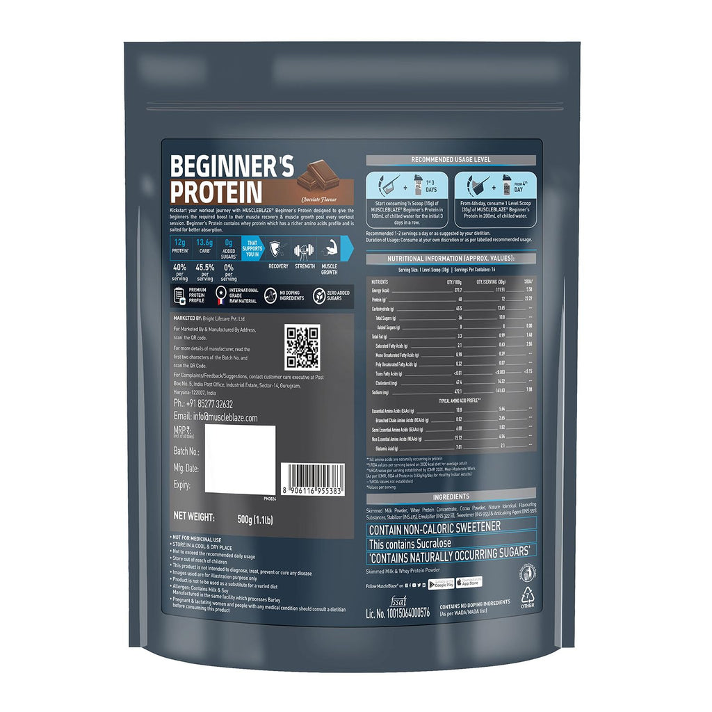 MuscleBlaze Beginner's Whey Protein, No Added Sugar, Faster Muscle Recovery & Improved Strength (Chocolate, 500 g / 1.1 lb)