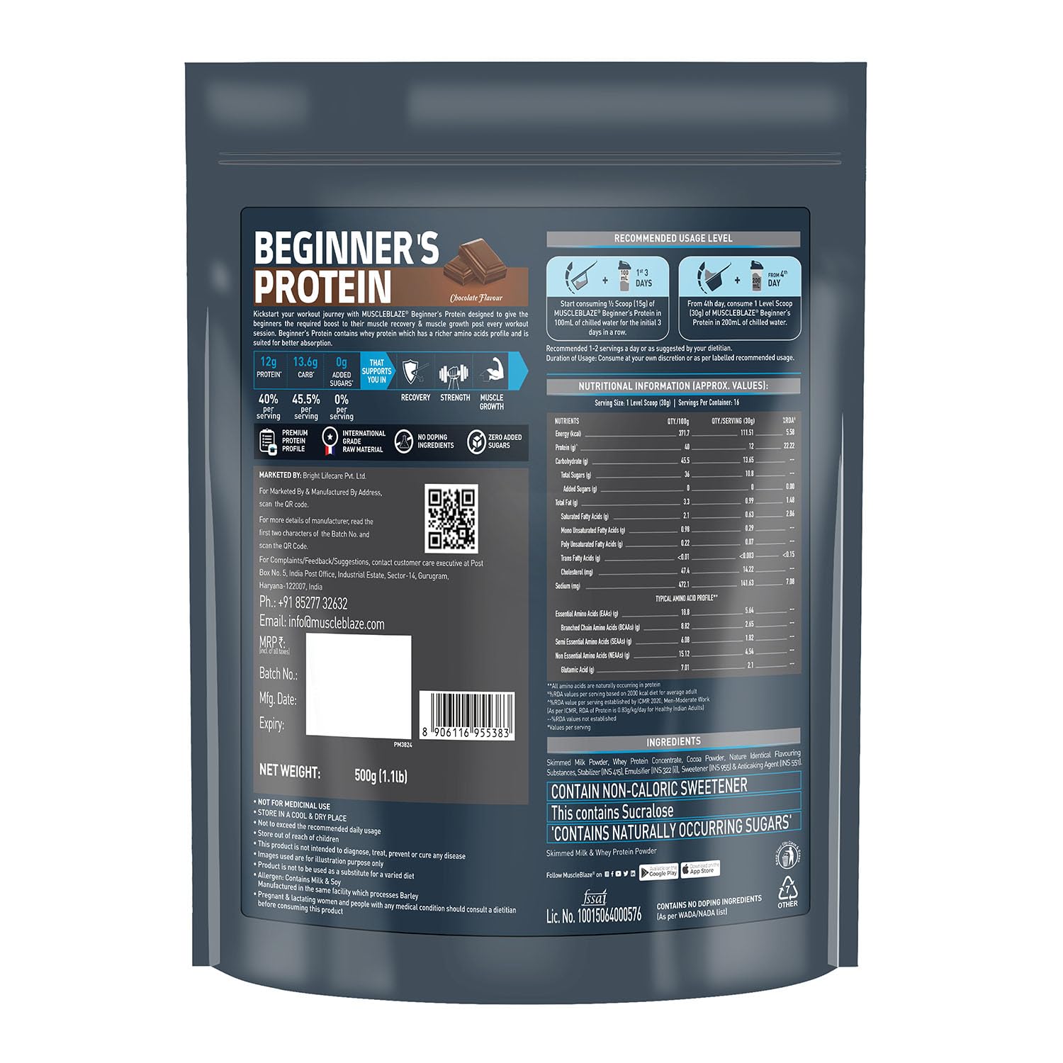 MuscleBlaze Beginner's Whey Protein, No Added Sugar, Faster Muscle Recovery & Improved Strength (Chocolate, 500 g / 1.1 lb)