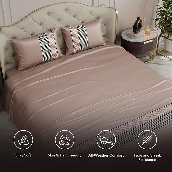 Stoa Paris Bedsheets for Double Size Bed Satin Bedsheet Set Colour Estate-Champagne