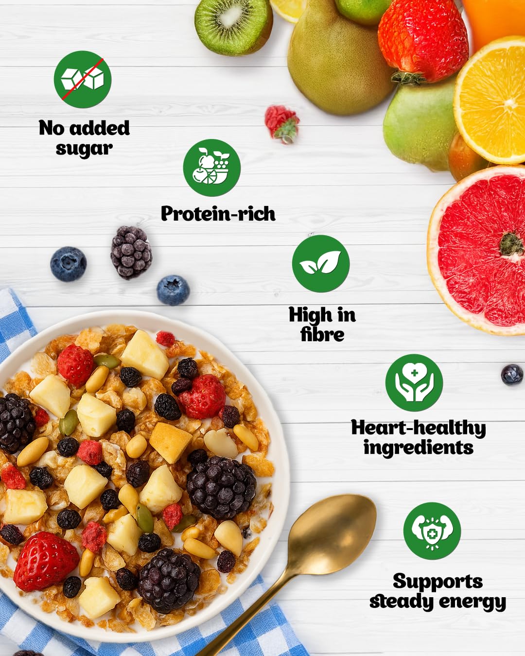 True Elements Muesli Fruit and Nuts 1kg - With Real Fruits & Almonds | 100% Wholegrain Muesli with Oats, Almonds | Real Freeze-dried fruits, Not Candied | Breakfast Cereal | High Fibre & Nutrient-Rich blend