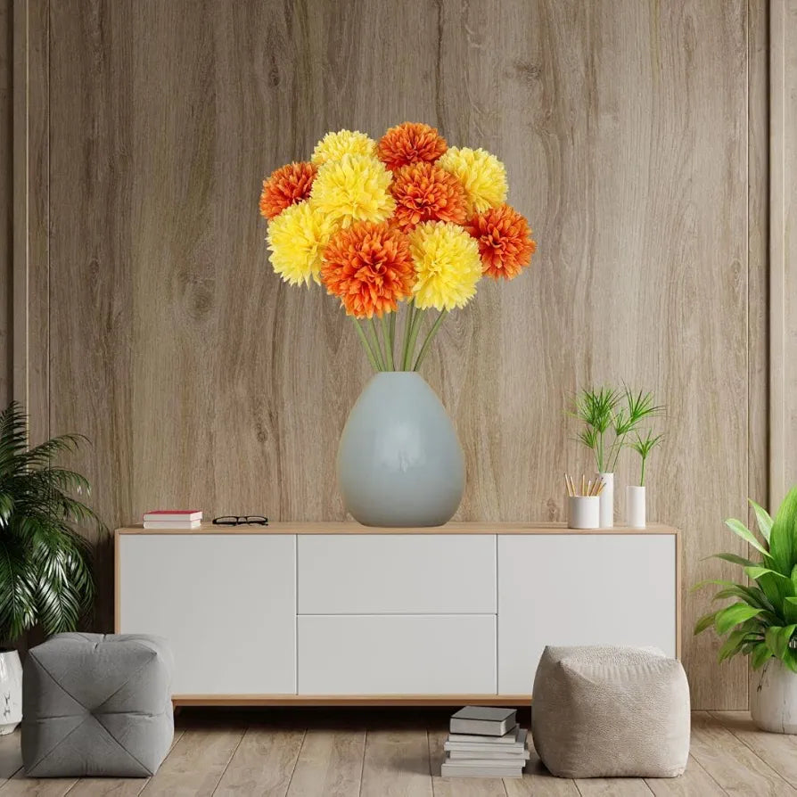 Artificial Chrysanthemum Hydrangea Ball Flower Sticks Yellow Orange