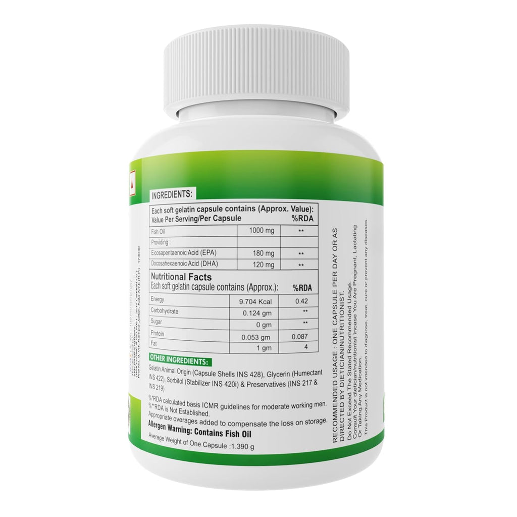 Nveda Omega-3-Fish-Oil 1000mg For Men & Women, Omega 3 fatty-acid 60 Capsules with 180mg EPA-DHA 120mg for Healthy Heart, Eyes, Brain & Joints