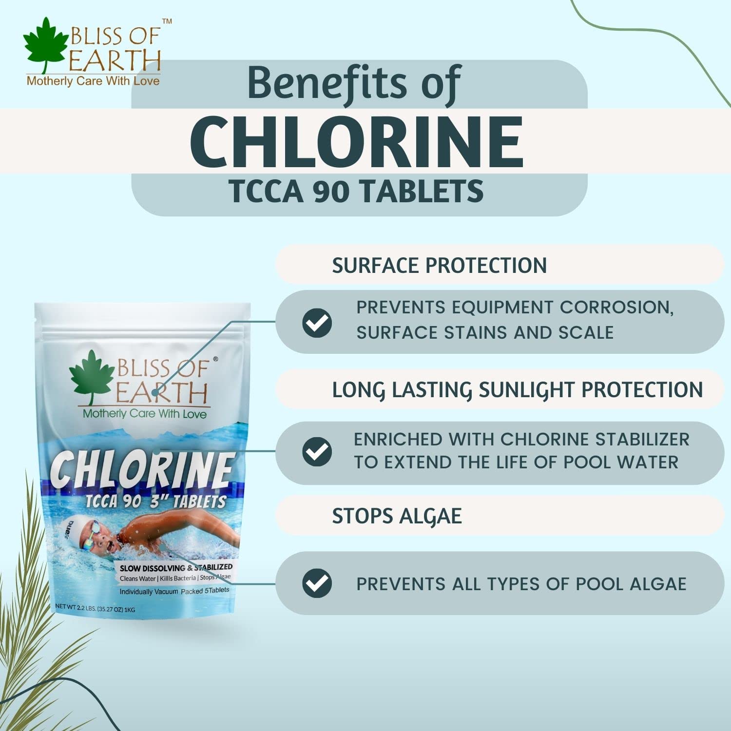 Bliss of Earth Chlorine Tablets for Water Tank - for Clean & Clear Swimming Pool, Kills Bacteria & Stops Algae, Pool Disinfectant 5 Japanese Chlorine Tablets - 1000gm