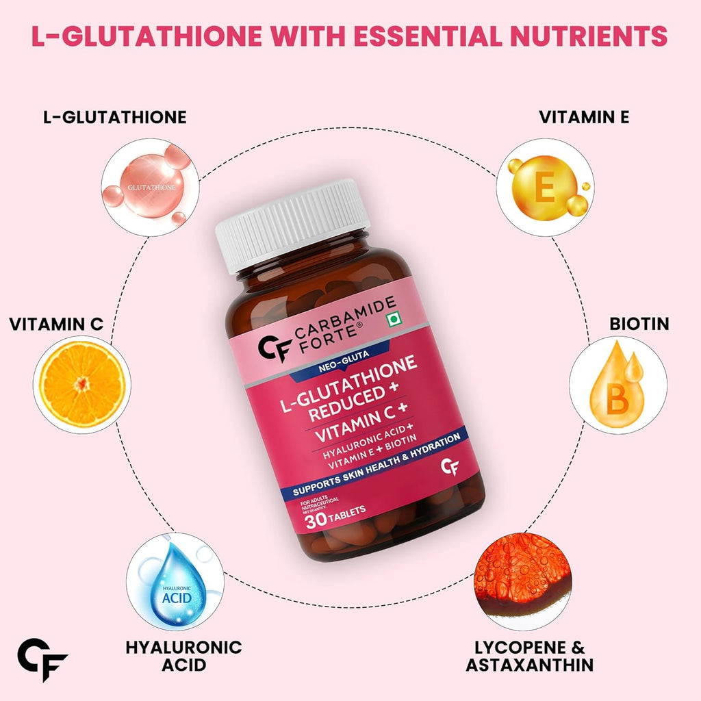 Carbamide Forte Japanese Reduced L Glutathione Tablets 500mg with Vitamin C | Glutathione Supplement with Hyaluronic Acid, Vitamin E, C, Lycopene & Biotin â€“ 30 Veg Tablets