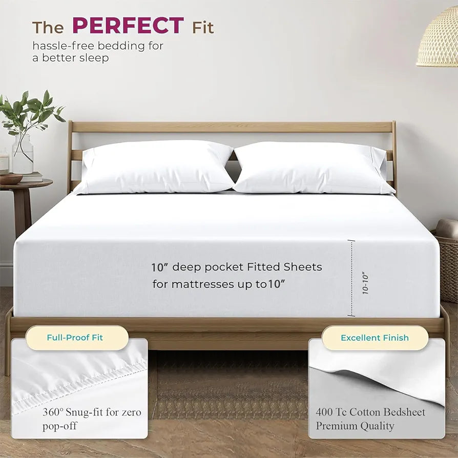 Trance Home Linen 100% Cotton 78x60 inch Queen Elastic Fitted Bedsheet 400TC Premium Queen Double Bed Size with 2 Pillow Covers Colour Plain White