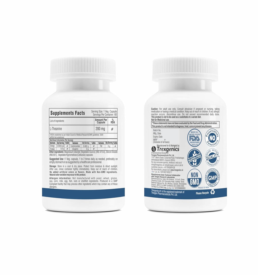 Trexgenics L-THEANINE 200 mg, Double strength Stress, Focus, Mood, Relaxation Support (60 Veg Capsules)