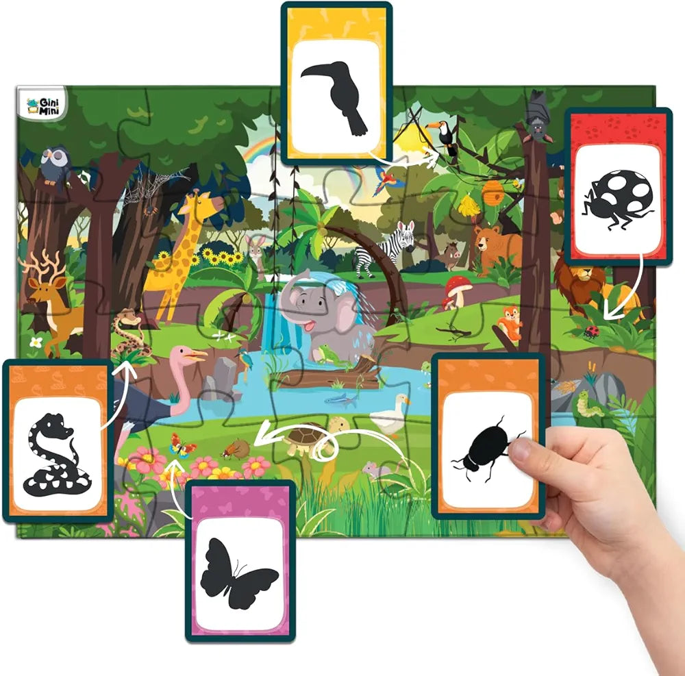 GiniMini Jungle Jumble 3-in-1 Jigsaw Puzzle - 20 Pieces, Image Hunt & Guess & Go Cards - Fine Motor, Cognitive, Vocabulary Skills for Kids 3+ Years