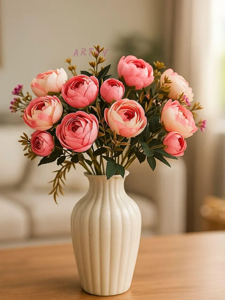 Artificial Flowers Dry Peony Rose Flower Bunch Without Vase Pack of 2 piece 6 Branches each Baby Pink