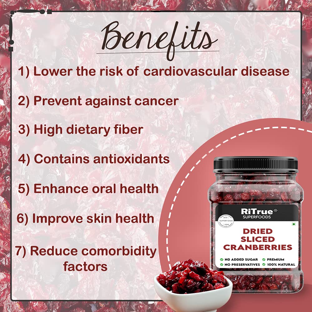 RiTrue - Dried Sliced Cranberry - 250 Gm Jar - Vegan, Non-GMO, Gluten Free | USA Cranberries Dry Fruits