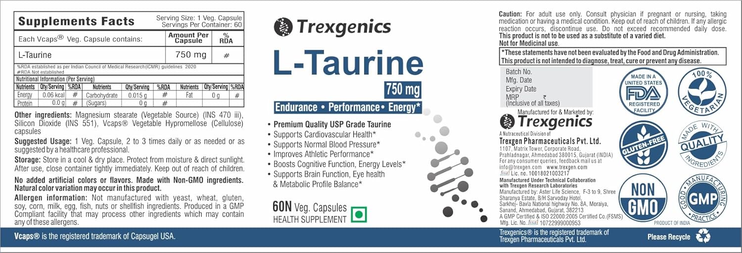 Trexgenics L-TAURINE 750 mg Nervous System, Energy, Heart, Cardiovascular system, Brain, Eye Health Support (60 Vcaps) (Pack of 1)