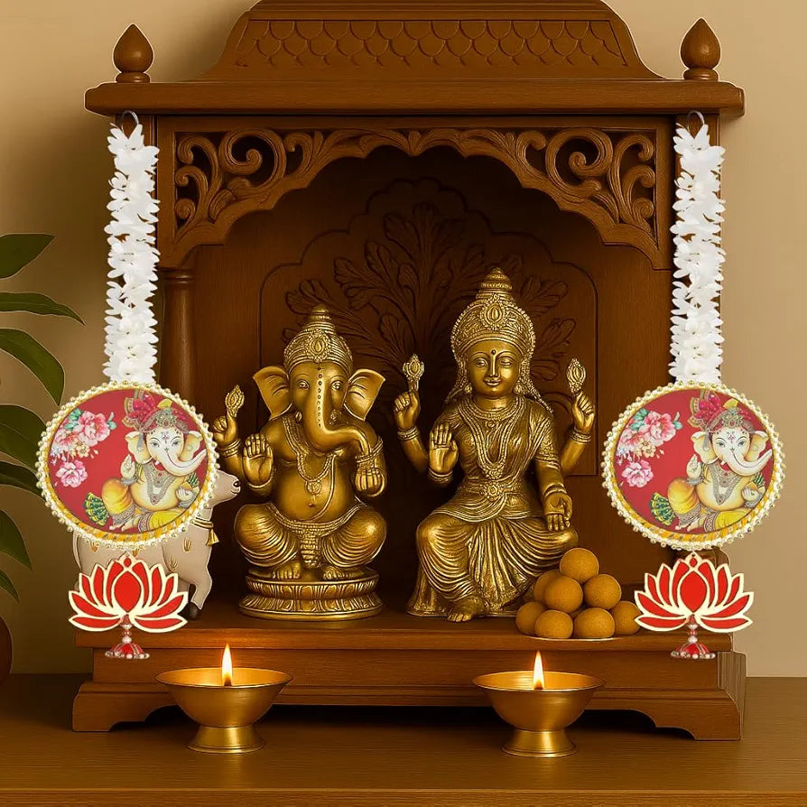 Handmade Artificial Ganesh Ji Decorative Hanging with Lotus & Garland Set of 2