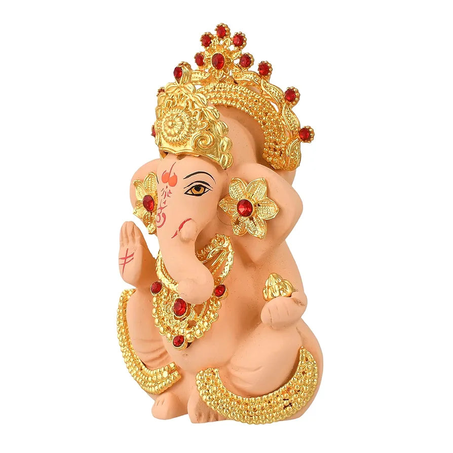 CraftVatika Ganesh Idol Murti Statue for Car Dashboard Ceramic Terracotta Gold Plated Ivory