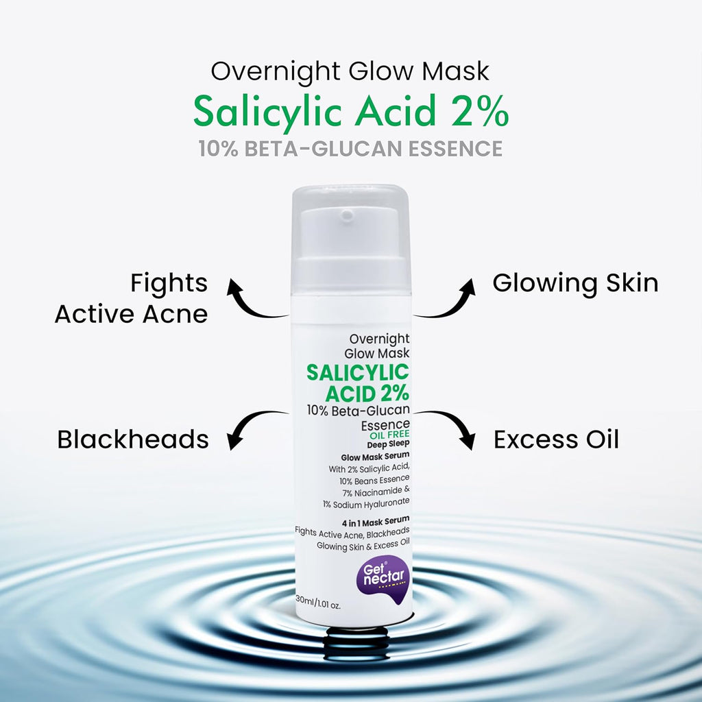 Get Nectar Happiness Overnight Glow Mask 2% Salicylic Acid (Oil Free) with 10% Beta-Glucan Essence for Fights Active Acne, Blackheads, Excess Oil, Skin Glowing, brightening facial Exfoliating, (30ml)