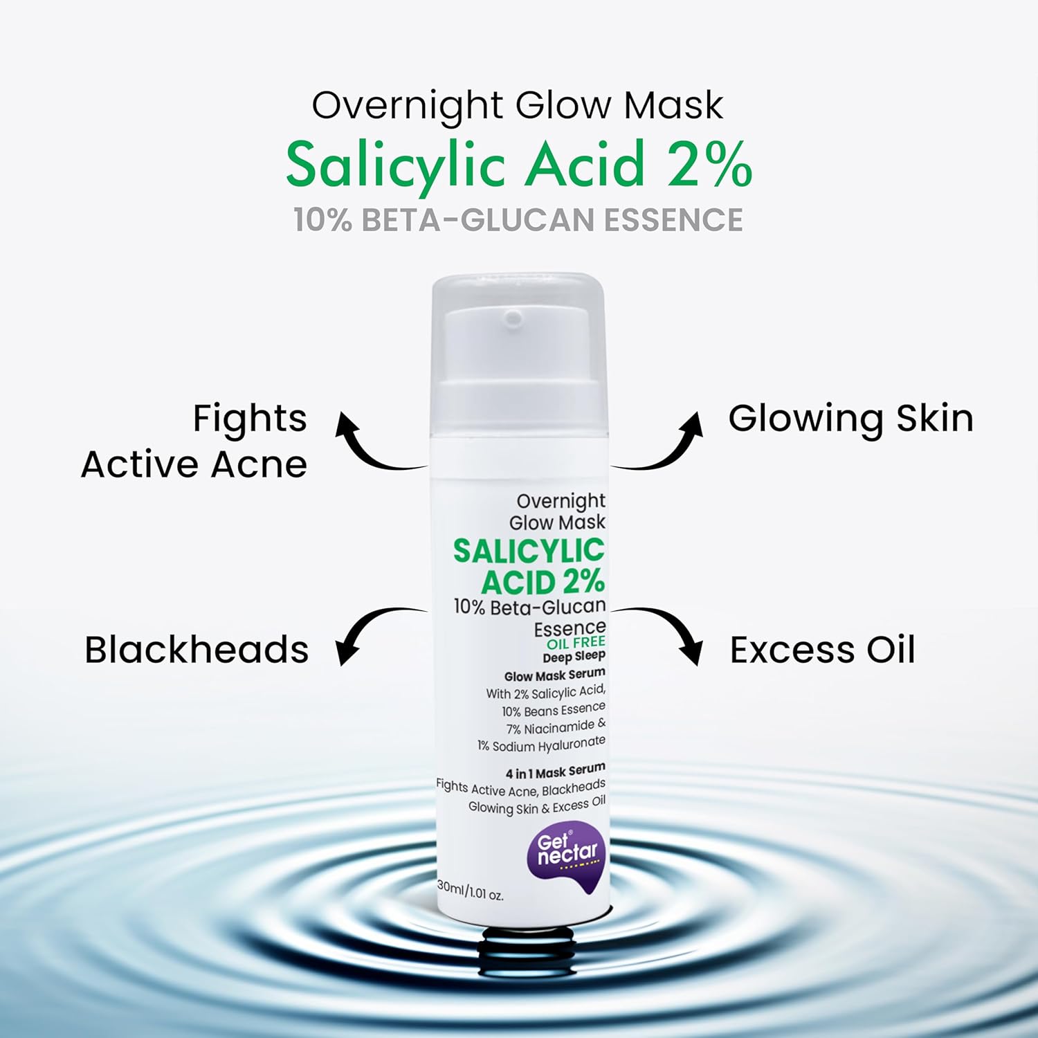 Get Nectar Happiness Overnight Glow Mask 2% Salicylic Acid (Oil Free) with 10% Beta-Glucan Essence for Fights Active Acne, Blackheads, Excess Oil, Skin Glowing, brightening facial Exfoliating, (30ml)