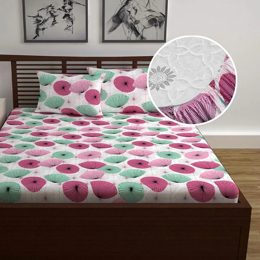 Divine Casa 100% Cotton 144 TC Floral Print Elastic Fitted Queen Size Double Bed Bedsheets with 2 Pillow Covers Colour Rose Pink