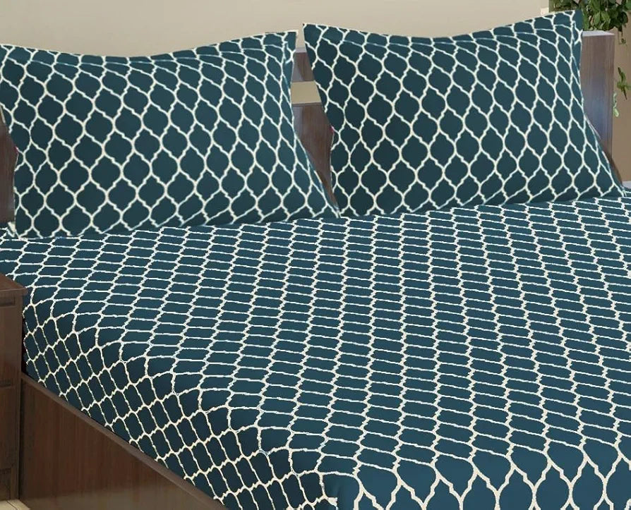Trance Home Linen 200TC 100% Cotton 72"x60" Double Bed Size Elastic Fitted Bedsheet Printed with 2 Pillow Covers Colour Dori Blue