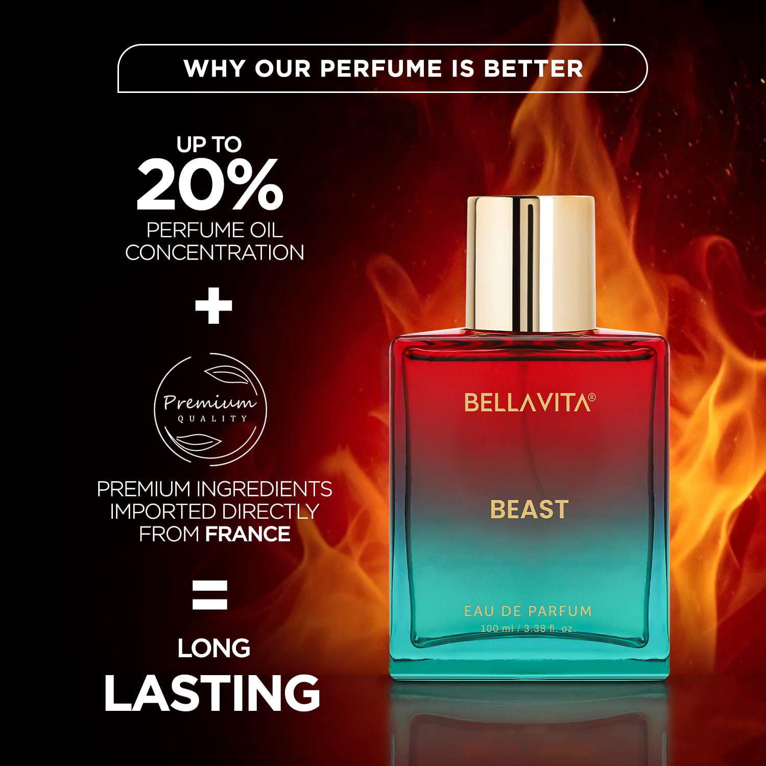 BELLAVITA Beast | Long Lasting EDP | 100ml | Perfume for Man and Woman | Raspberry, Patchouli and Rose | Premium Fragrance for Men and Women