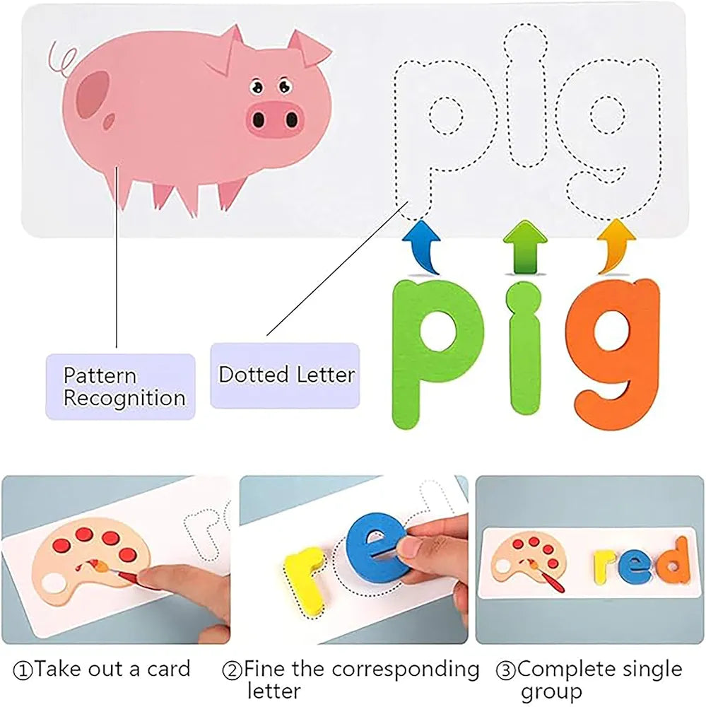 Wishkey Wooden Spelling Game for Kids, Early Education Word Making Game with Flash Cards and Alphabets, Non-Toxic, Educational Toy