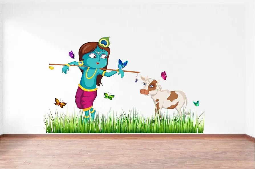Rawpockets Decals Lord Krishna Cow Grass Butterfly Story Extra Large Size  Wall Sticker