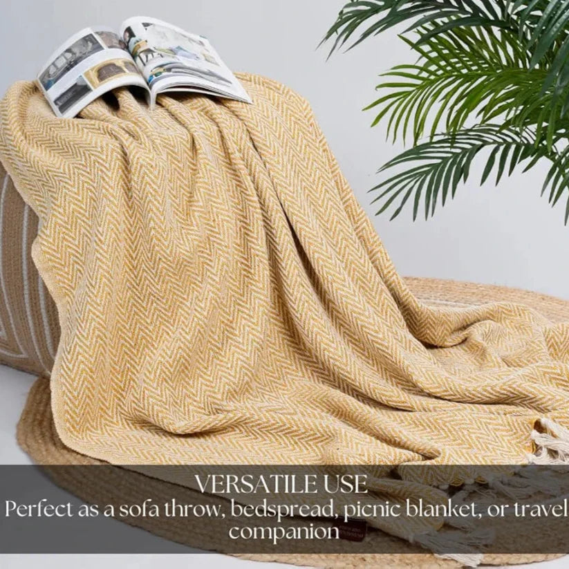 Homadorn All Season Cotton Weaved Throw Blanket Colour Yellow