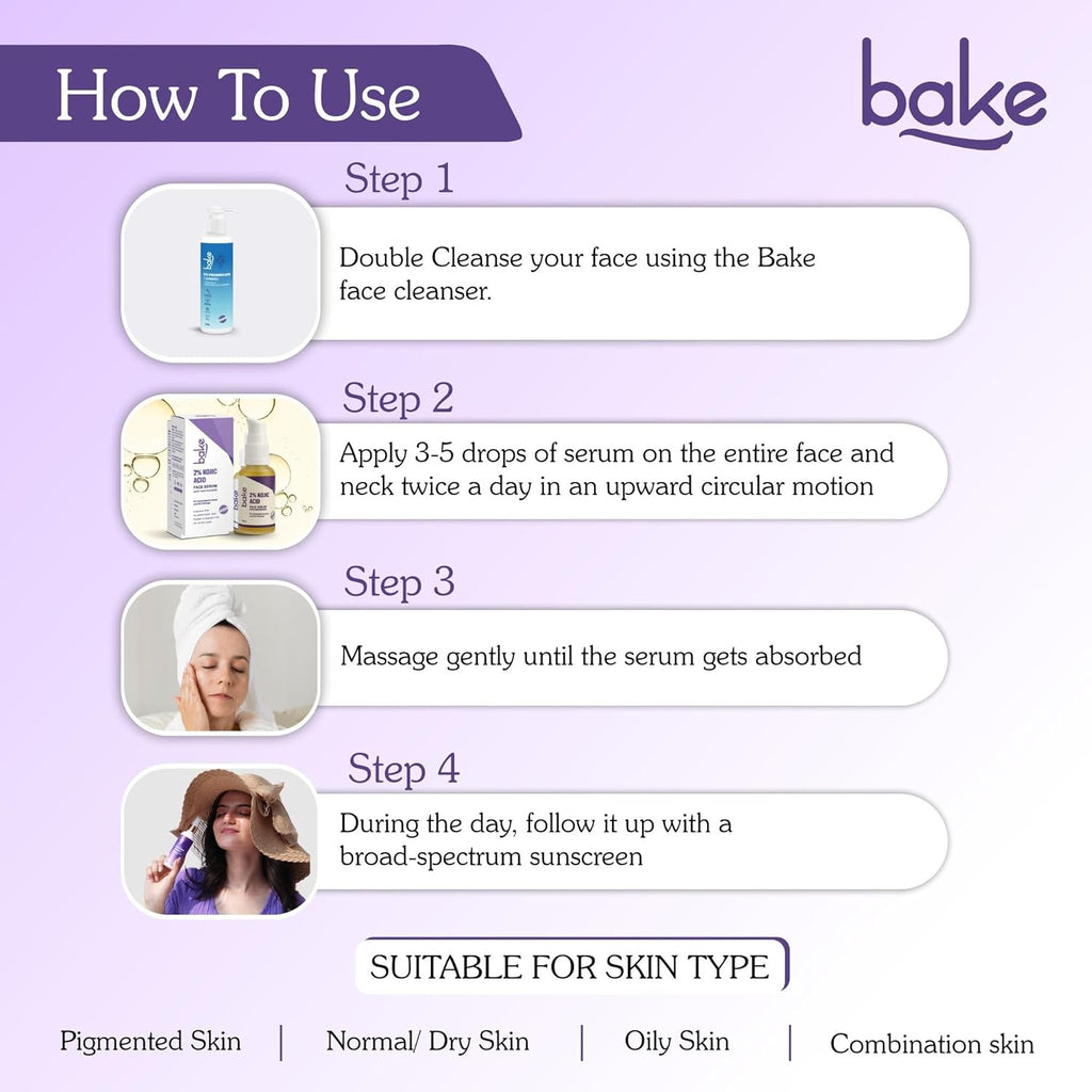 BAKE 2% Kojic Acid Face Serum with 5% Niacinamide & 2% Glycolic Acid for Pigmentation & Dark Spots | For Dark Circles, Tan Removal & Sun Damaged Skin | Skin Brightening & Glowing | 30ml