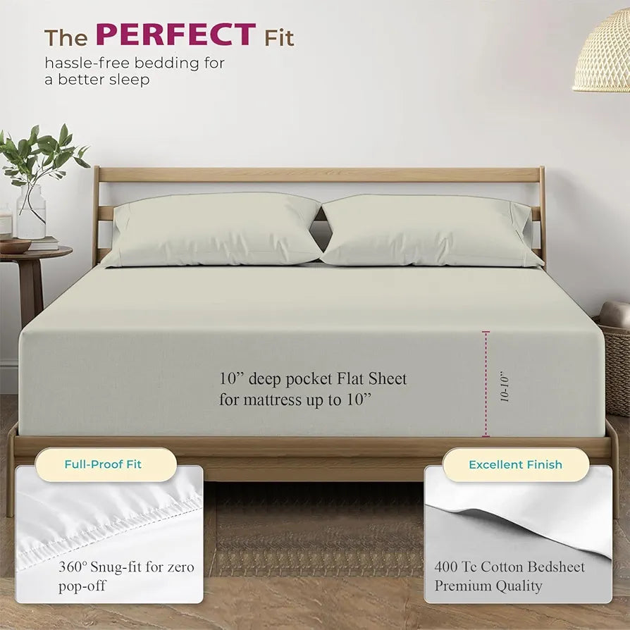 Trance Home Linen 100% Cotton 78x60 inch Queen Elastic Fitted Bedsheet 400TC Premium Queen Double Bed Size with 2 Pillow Covers Colour Ivory