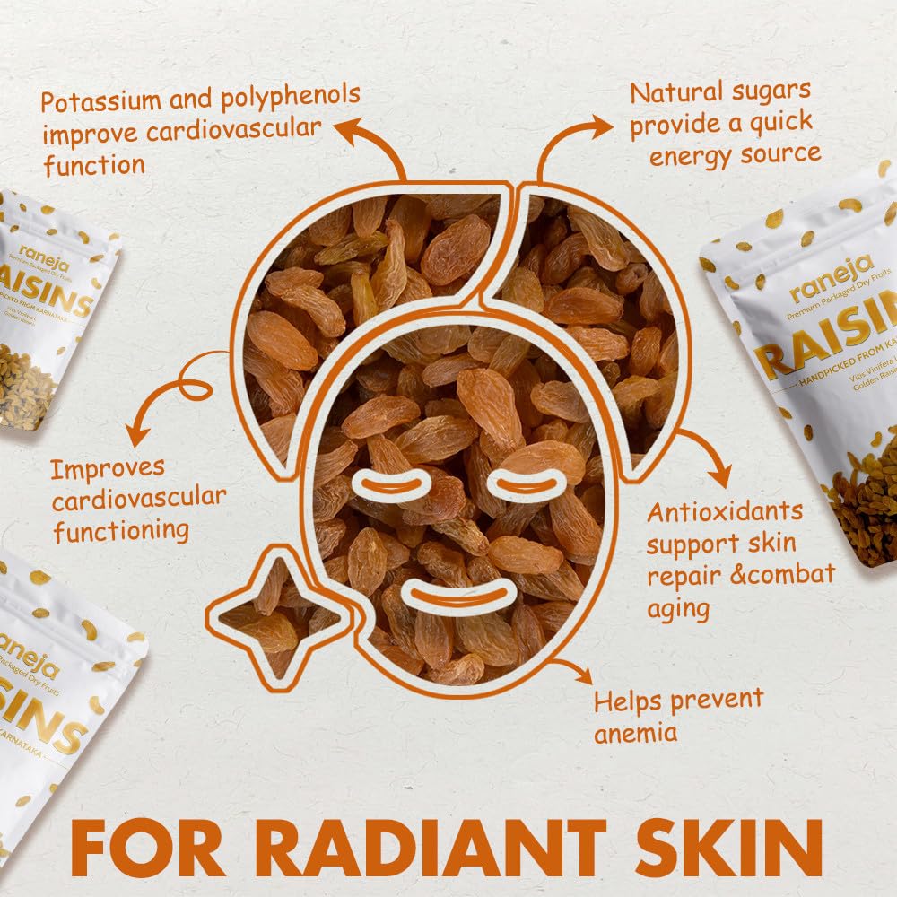 Raneja Golden Seedless Raisins | Premium High in Antioxidants | Naturally Sweet and Tasty|Energy Booster| Raisins Seedless/Kishmish, Draksh, Dry Fruits, Snack, Source of Dietary Fibre