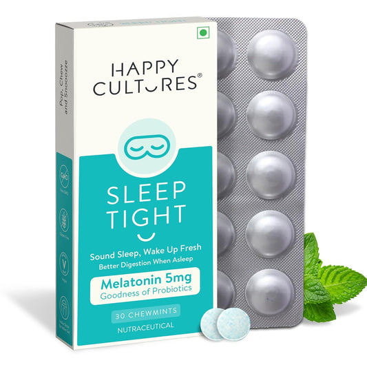 VELBIOM Happy Cultures Sleep Tight Melatonin 5Mg With Probiotic Sleep Deeper&Wake Up Refreshed Non Addictive,Natural,Clinically Tested,Natural Sleep Improves Digestion While Sleeping,30 Chewmints