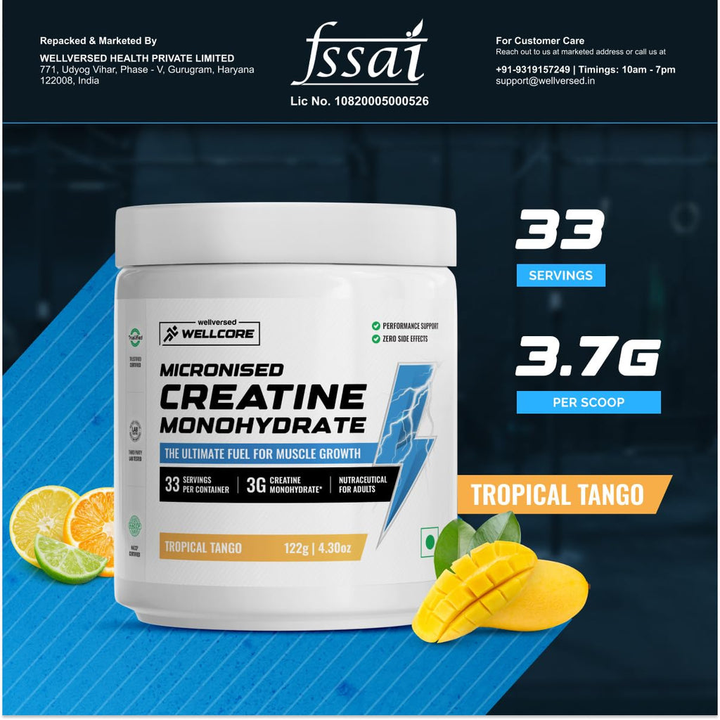 Wellcore - Pure Micronised Creatine Monohydrate,Tropical Tango (122g, 33 Servings), Rapid Absorption, Enhanced Muscle Strength & Power, Fast Recovery,Increased Muscle Mass