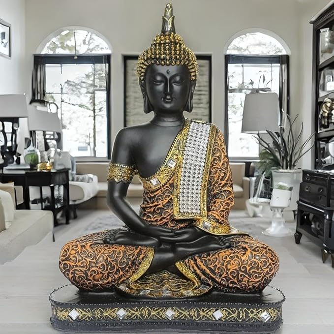 Global Grabbers New Meditating Sitting Buddha Statue Idol Gifts Orange Black Colour