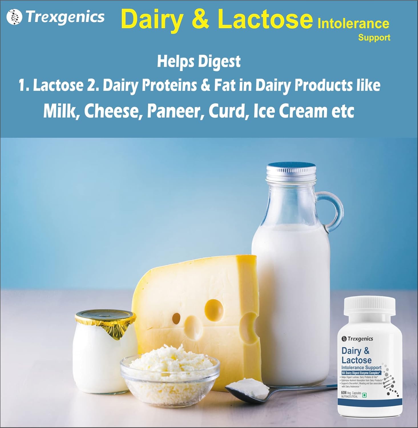 Trexgenics DAIRY & LACTOSE INTOLERENCE SUPPORT 9X Dairy Digest Enzyme Complex for Lactose, Dairy Fat, Protein and Carbs Digestion (60 Veg. Capsules) (Pack of 1)