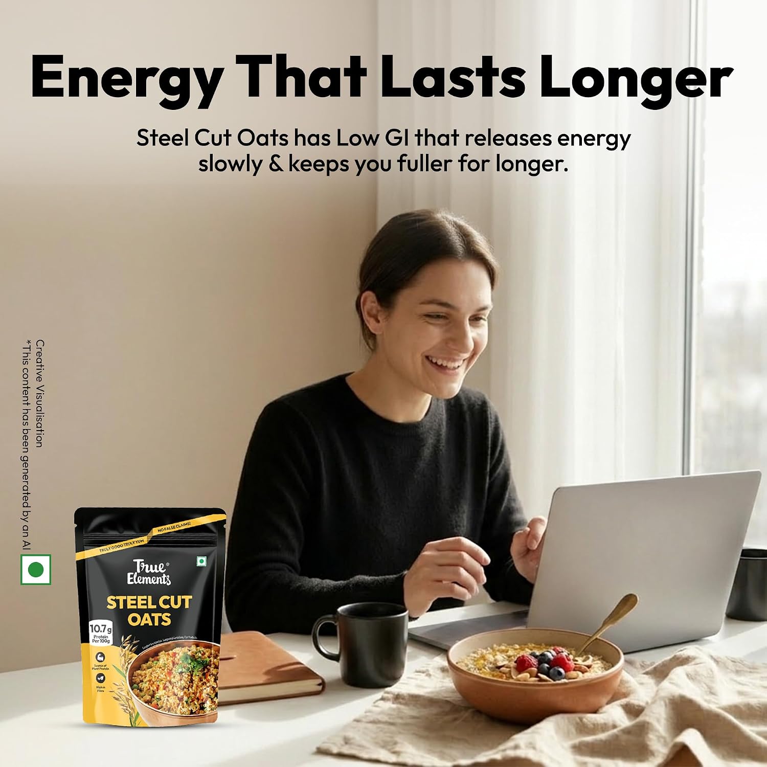 True Elements Steel Cut Oats 1kg - Steel Cut Oats for Weight Management | Sugar Free | Healthy Breakfast | 100% Wholegrain | Diabetic Friendly | Breakfast Cereal