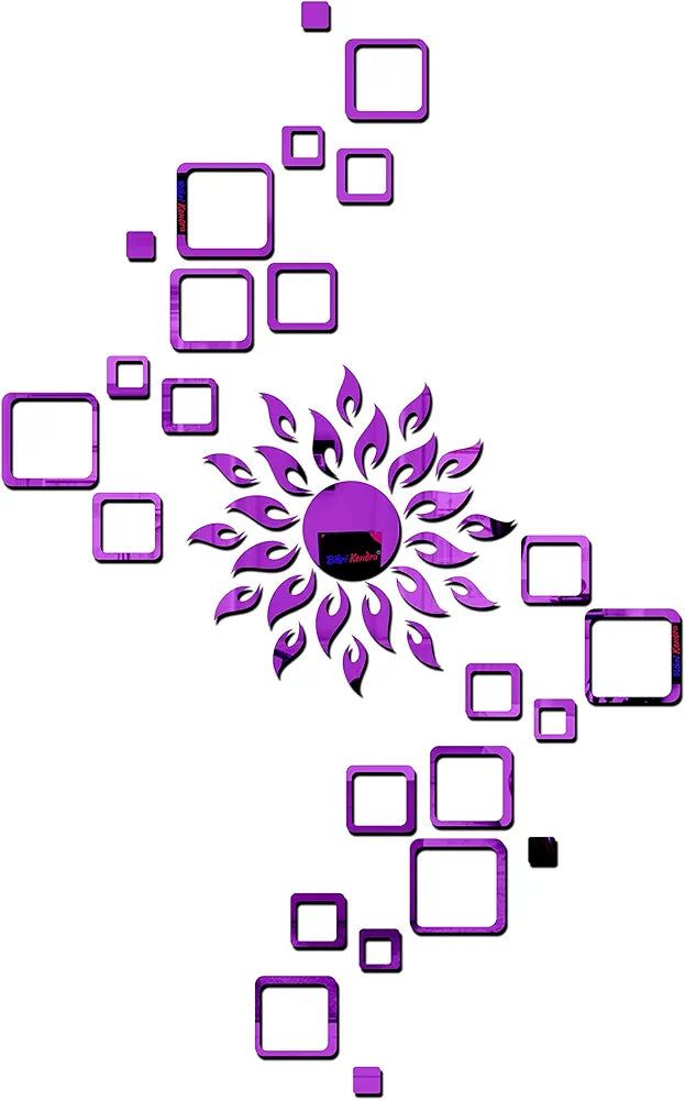 Bikri Kendra Glass Art Bk116, Sun Purple With Square Purple 4 Set 3D Acrylic Mirror Stickers For Wall