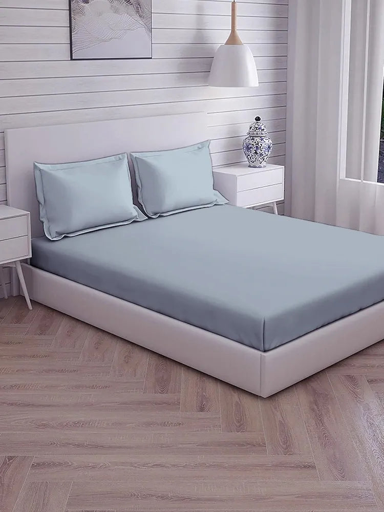Trance Home Linen Premium 300 TC Pure 100% Cotton King Fitted Bedsheet with 2 Pillow Covers 78 x 72 inch Colour Slate Blue
