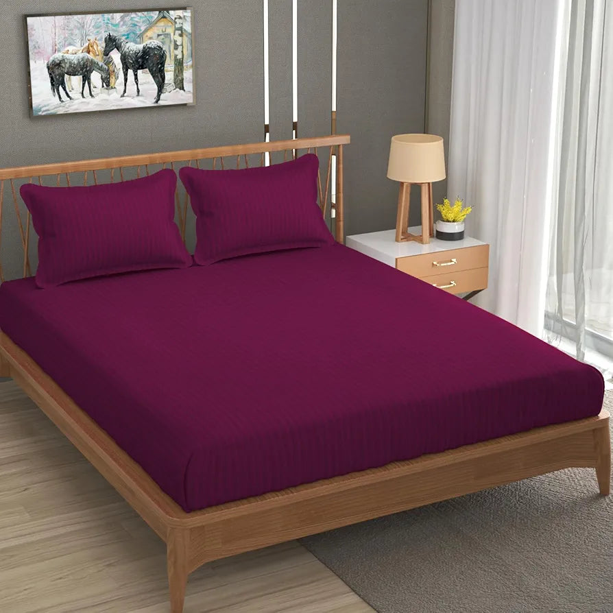 Homefab India 160 TC Stripe Cotton Feel Glace Cotton Elastic Fitted King Size Double Bed Bedsheet with 2 Pillow Covers Fits Upto 6 inches Mattress Dark Pink