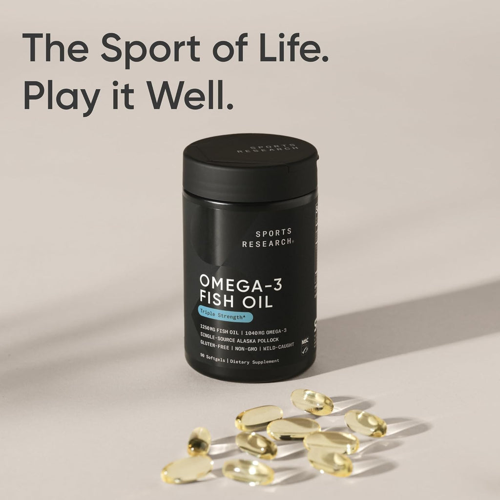 Sports ResearchÂ® Omega-3 Fish Oil 1250 - Triple Strength Fish Oil Supplement from Wild Alaska Pollock - MSC Certified Sustainable Â· Non-GMO Â· Soy Free - 90 Softgel Capsules