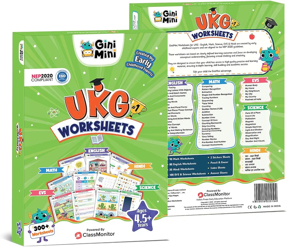 GiniMini 300+ UKG Worksheets for 4 5 6 7 Years Learning & Writing Activities, Return & Birthday Gifts for Boys Girls