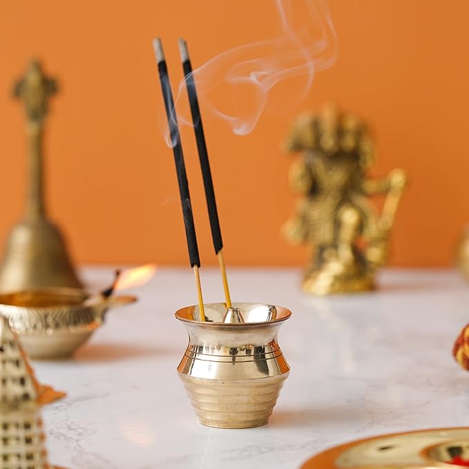 Ecraftindia Golden Pot Shape Brass Agarbatti Stand for Pooja | Incense Stick Holder With Ash Catcher | Agarbatti Holder