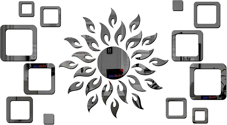 Bikri Kendra Art BK78, Sun Black with Square Black 2 Set 3D Acrylic Mirror Stickers for Wall