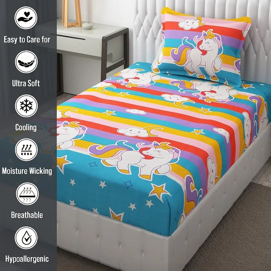 Fresh From Loom Glace Cotton Wrinkle Free Soft Cartoon Printed Single Size Bedsheets With 1 Pillow Covers 144 tc Multicolor Unicorn Multicolor