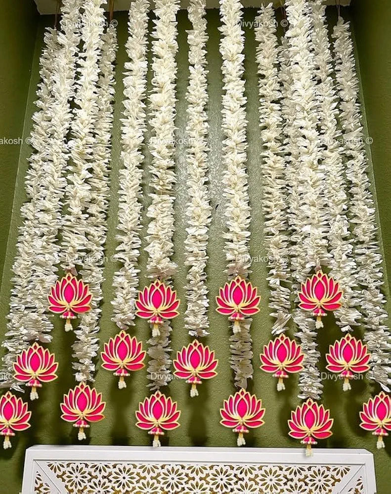 Wood Lotus Hanging 7 Pcs With White Artificial Flowers 3 Ft Each Handmade Wall Decoration Lotus hanging