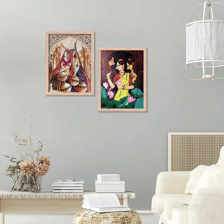 Kotart Traditional Woman Painting with Frame for Home Decoration Madhubani Art Painting Pack of 2 Design04