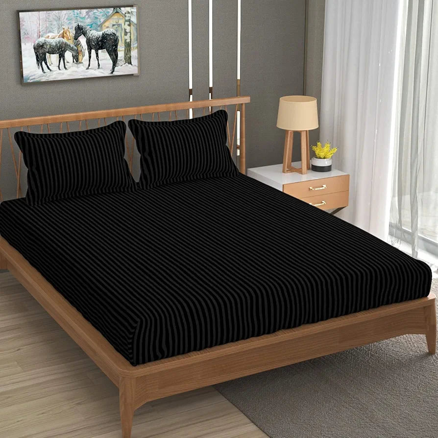 Homefab India 160 TC Stripe Glace Cotton Double BedSheet with 2 Pillow Covers Black