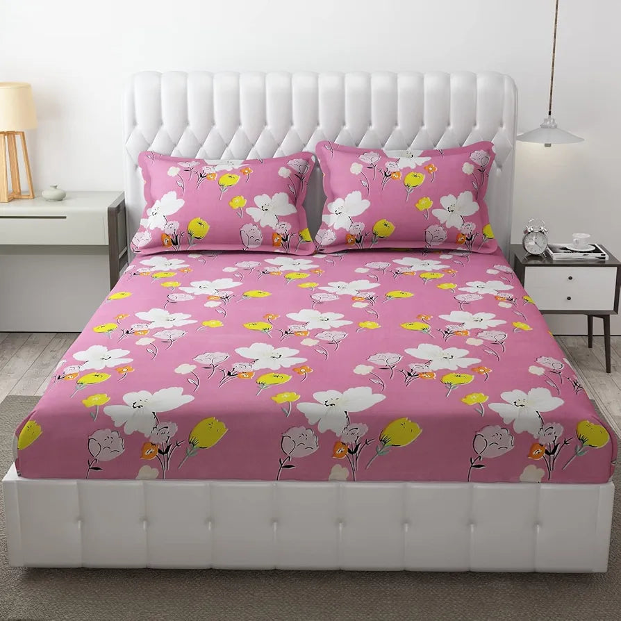 Fresh From Loom Floral Design Bed Spread With Pillow Covers Hypo-Allergenic Microfiber King Bedsheet For Double Bed Wrinkle Free Bedsheets Bedcover 144 TC Punch Pink