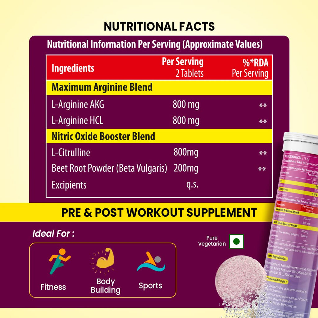 Naturyz L-Arginine Max 2600 Effervescent Tablets | Boosts Stamina | Increases Blood Flow | Improves Performance | Pre-workout Supplement 20 capsules (Orange Flavour), 1 count
