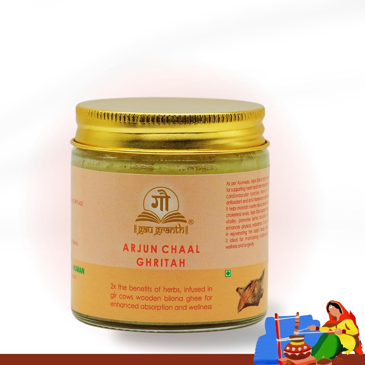 cow ved GauGranth Arjun Chal A2 Gir Cow Ghee – 100ml (Pack of 1) | Traditional Wooden Bilona Method | Ayurvedic Ghee with Arjun Bark for Blood Pressure Regulation & Heart Health | Grassfed Desi Cow Ghee | Glass Jar Packaging