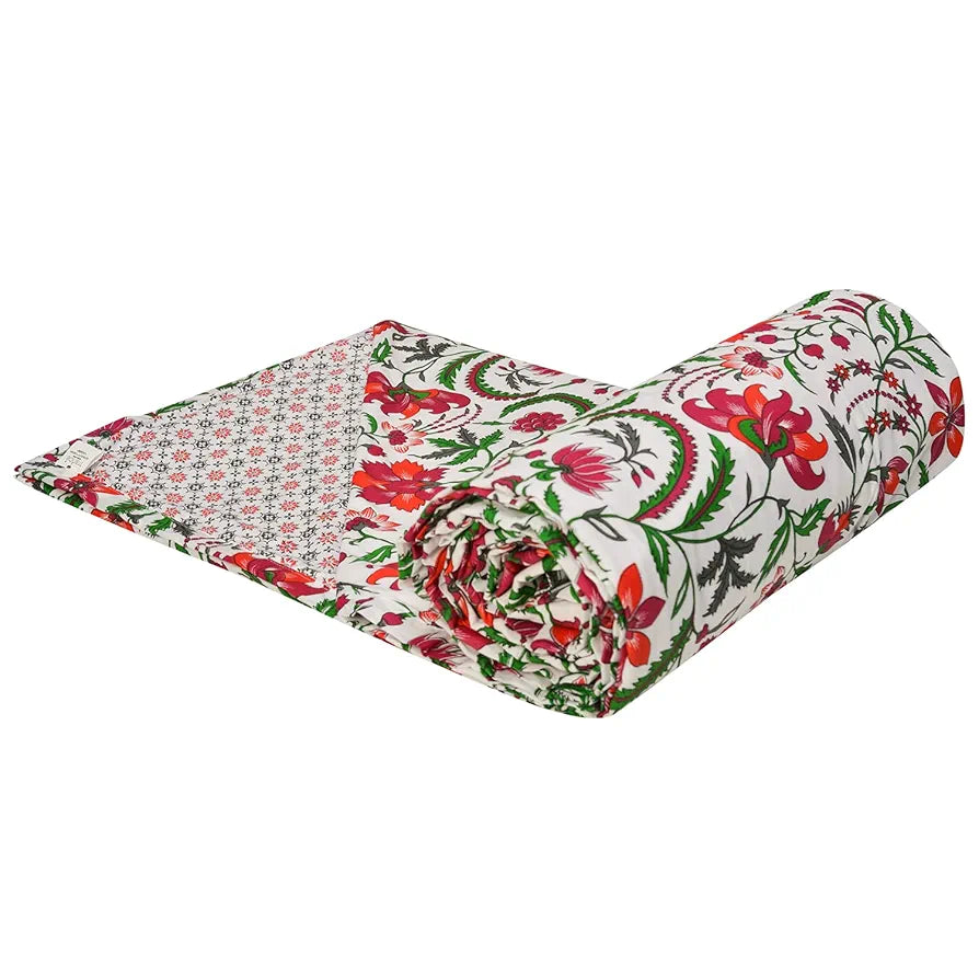 Trance Home Linen Pure Cotton Reversible Dohar Toddler Size Cotton Ac Quilt for Babies Colour Firdaus Red